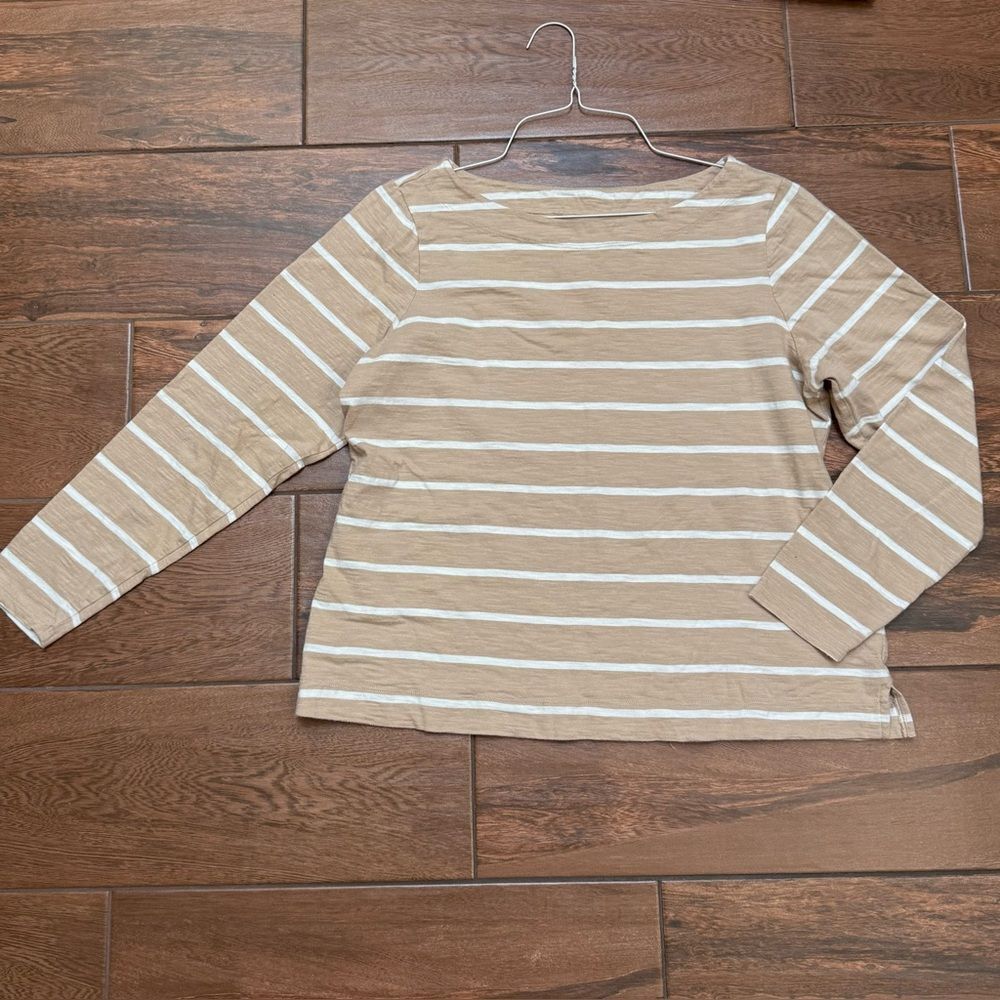 Old Navy Women's Knit T-Shirt Long Sleeve Boat Neck Sz L Earth Brown/Tan Stripe - Picture 1 of 6